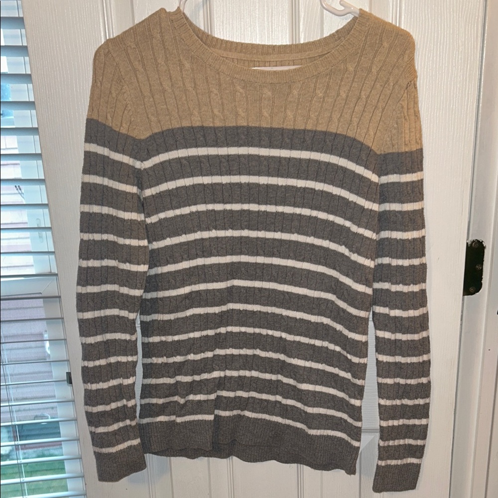 Striped Crewneck Sweater - Taupe, Gray & White